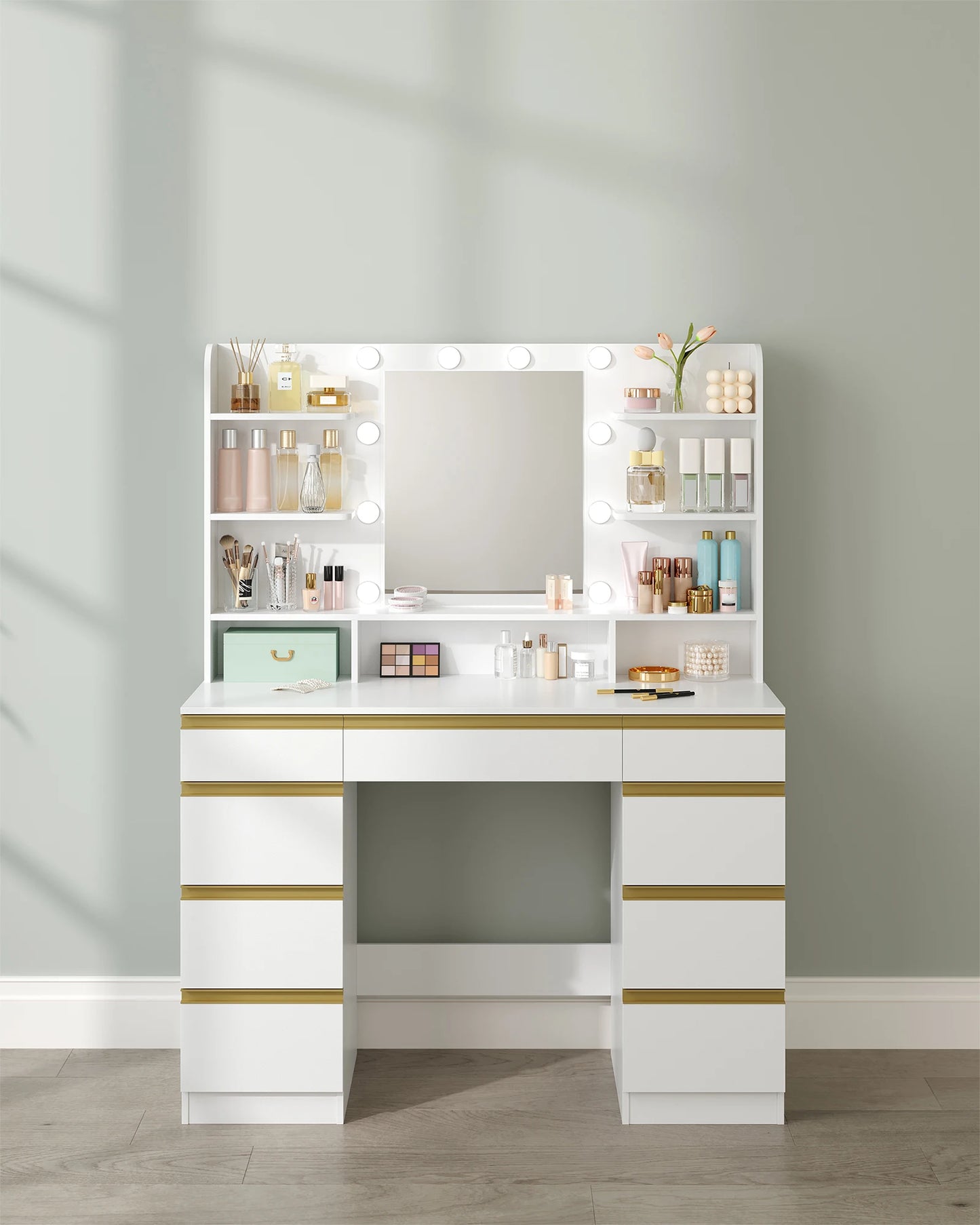 Dressing Table with 10 LED Light Balls,Adjustable Brightness,Large HD Mirror,1 Large Drawer and 8 Small Drawer Cabinets