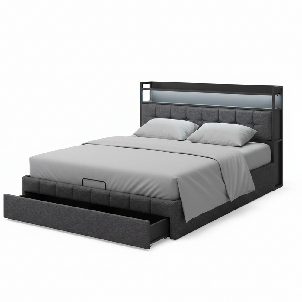 Bedframe - Opbergsysteem - 140x190cm - Met LED - Grijs