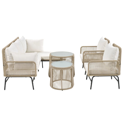 5-Persoons Lounge Set - 2 stoelen - Hoekbank - Bijzettafels - Beige