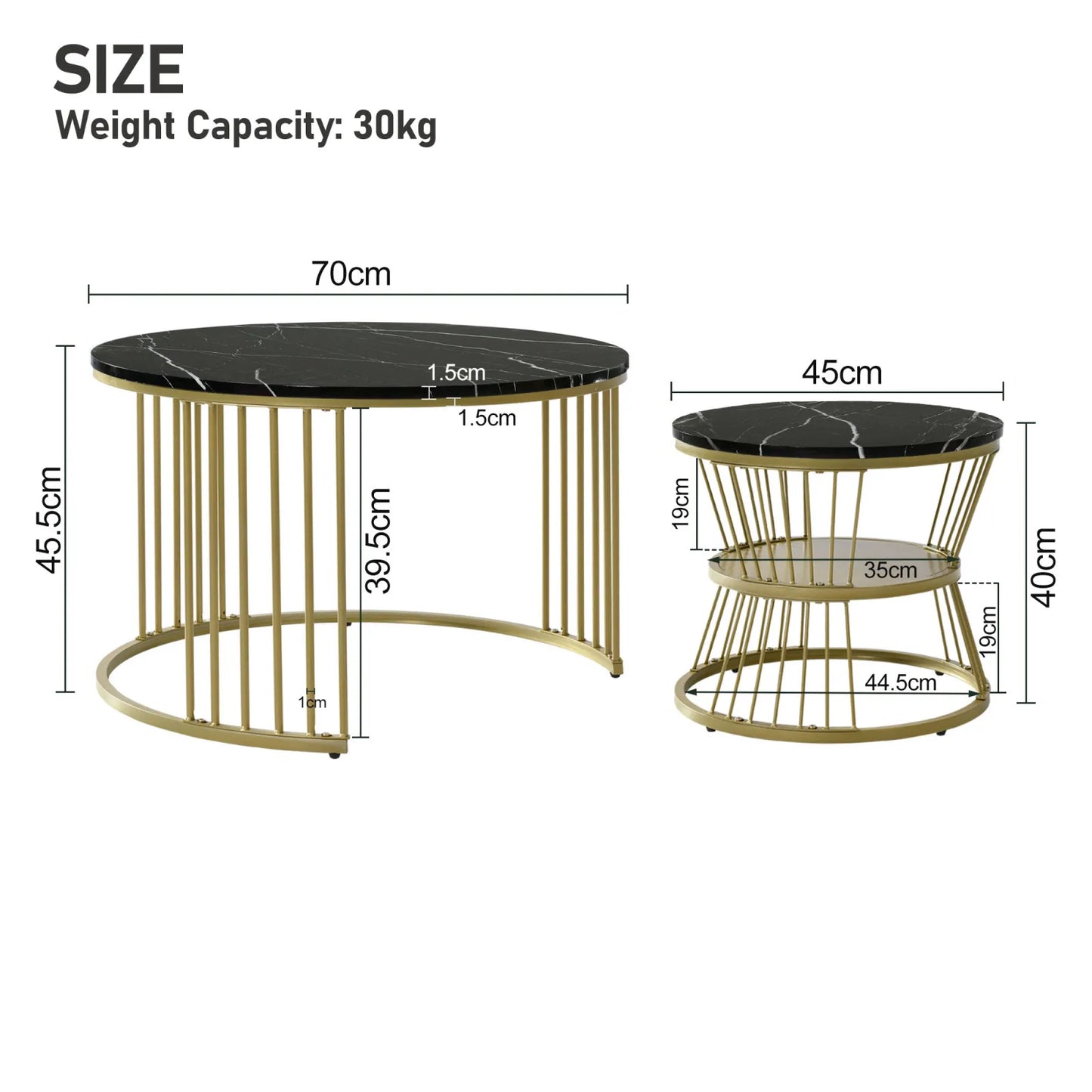 Ronde Salontafel Set - 2 Stuks - Zwart & Wit Marmerlook, Metalen Frame