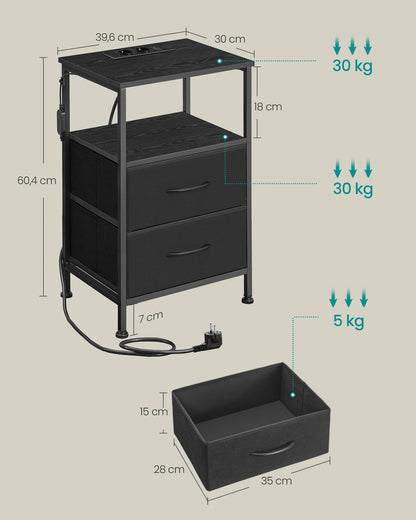 SONGMICS bedside table with LED lighting and charging station, 2 drawer bedside table with open compartment