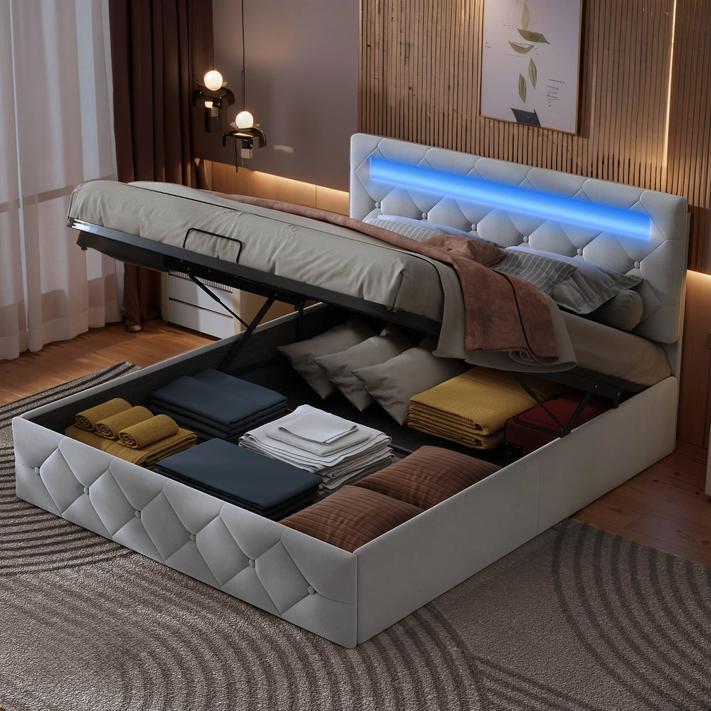Gestoffeerd Bedframe met LED-verlichting & Hydraulische Opbergruimte - 140 × 200 cm