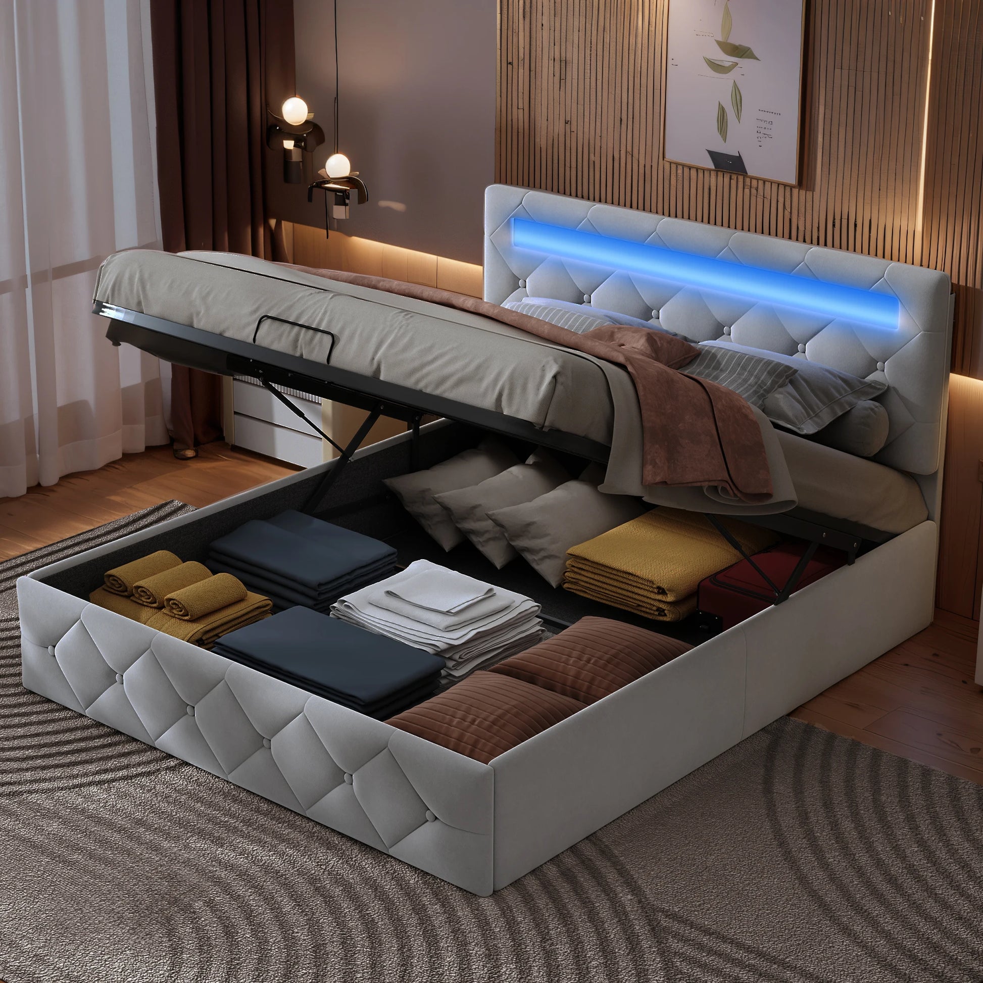 Gestoffeerd Bedframe met LED-verlichting & Hydraulische Opbergruimte - 140 × 200 cm