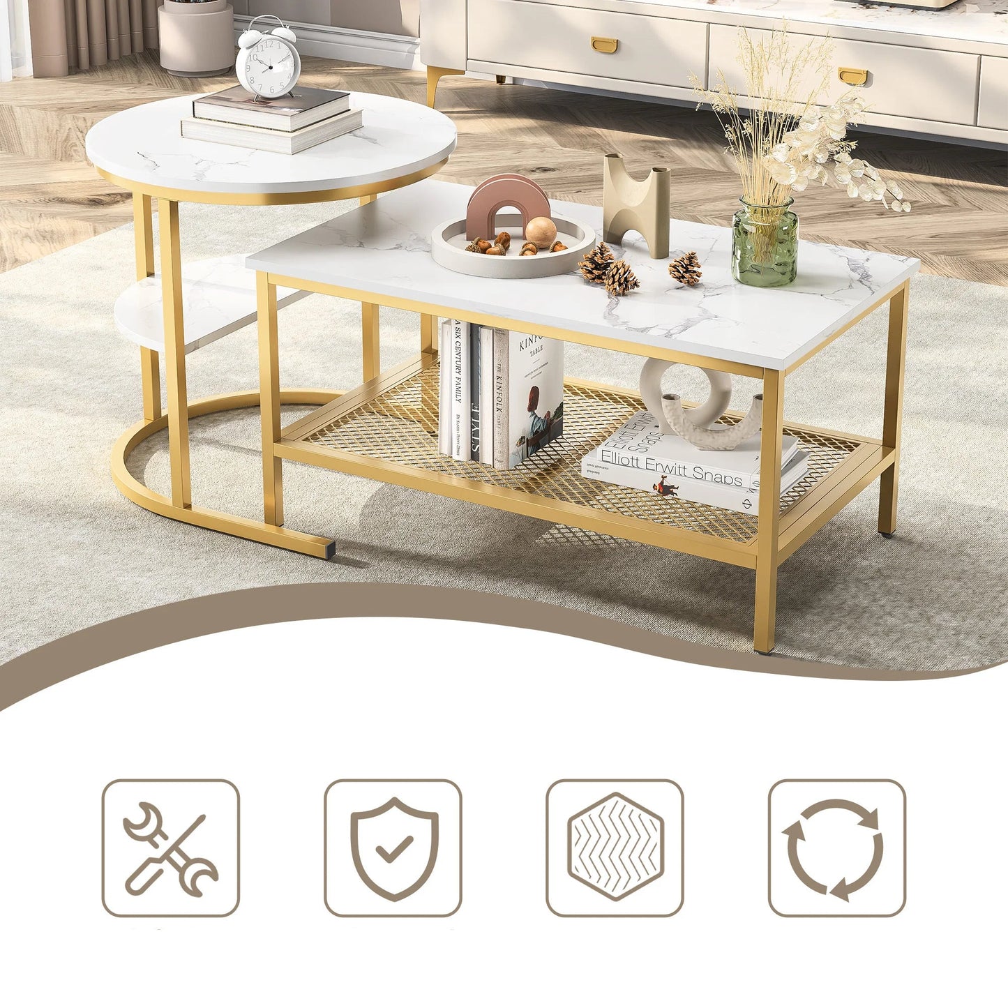 Salontafel Set - 2-Delig - Rond En Rechthoekig - Wit En Goud