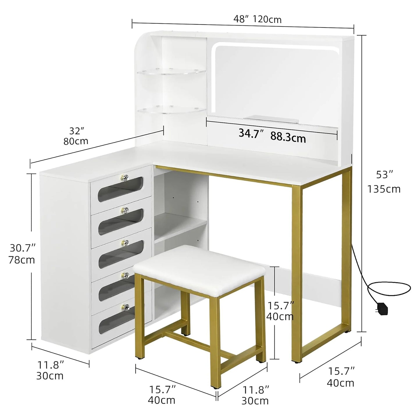 Houten L-vormige Kaptafel Set - Spiegel, LED-verlichting met 3 Lichtmodi, 5 Laden & Houten Kruk
