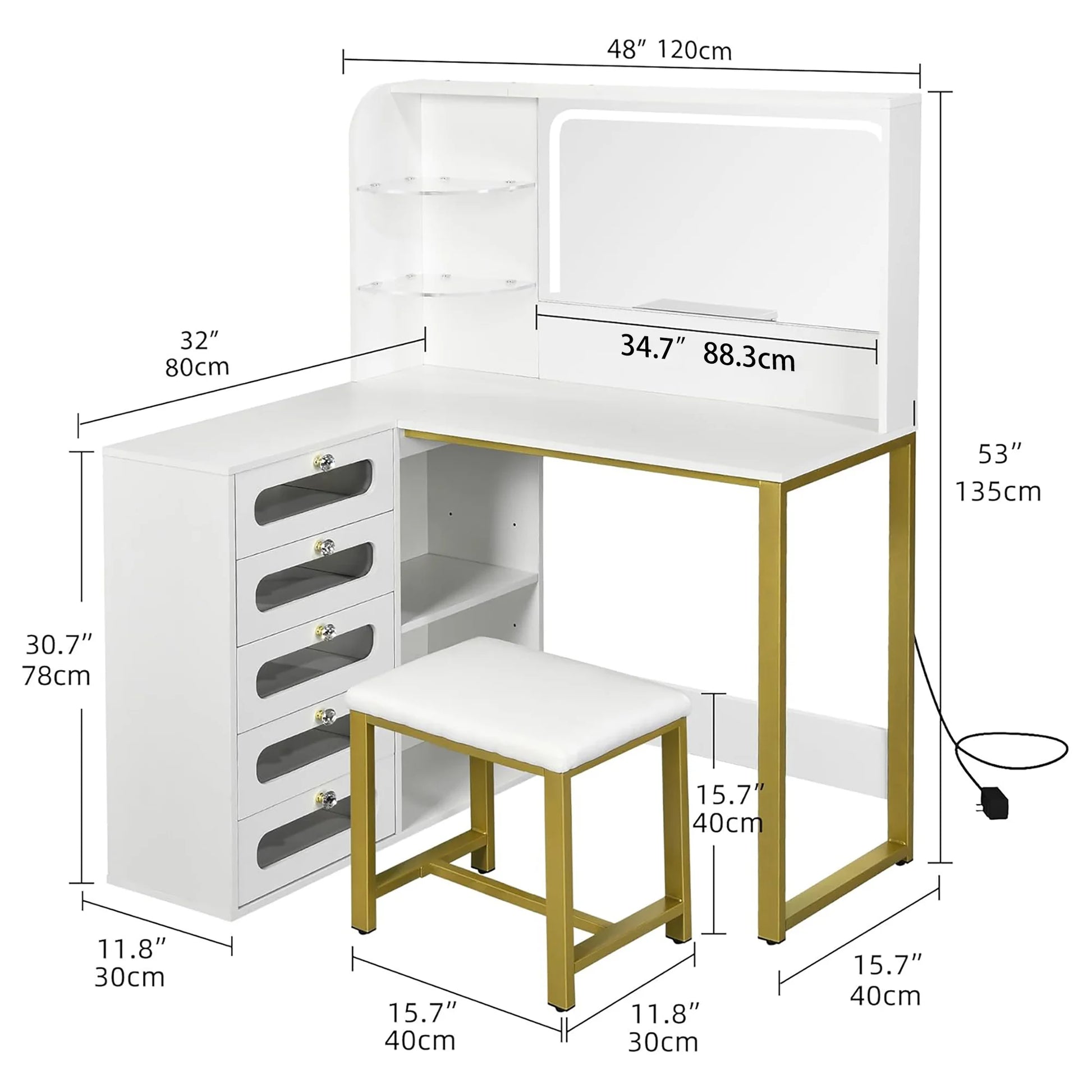 Houten L-vormige Kaptafel Set - Spiegel, LED-verlichting met 3 Lichtmodi, 5 Laden & Houten Kruk