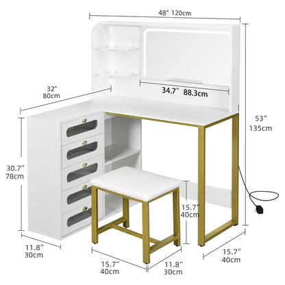 Houten L-vormige Kaptafel Set - Spiegel, LED-verlichting met 3 Lichtmodi, 5 Laden & Houten Kruk