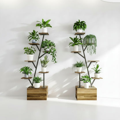 Plantenstandaard - Boomvormig Ontwerp - Houtkleurig - Metalen Frame