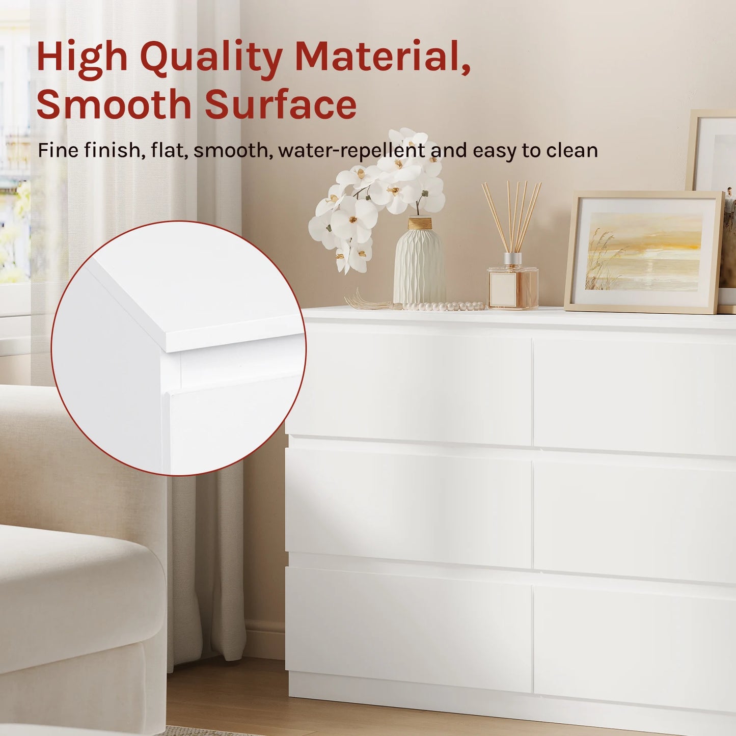 WOLTU Bedroom Chest of Drawers with 6 Drawers 100x69x36cm Storage Cabinet White Sideboard Dresser for Living Room Hallway
