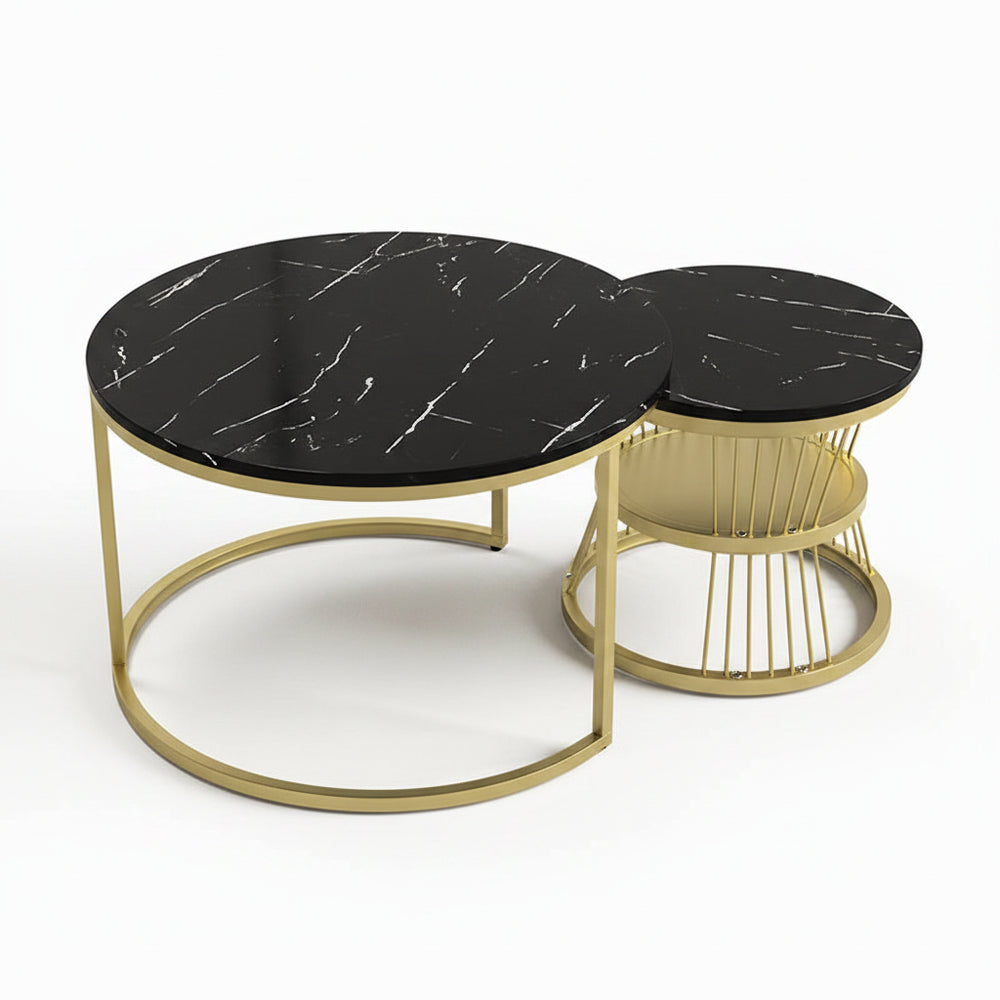 2-delige Bijzettafel Set - Marmerlook - Zwart/Goud