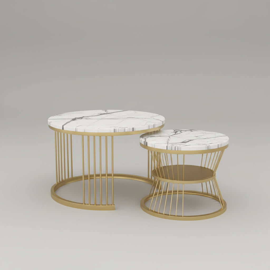 Salontafel set - Rond - Marmerlook - Wit/Goud