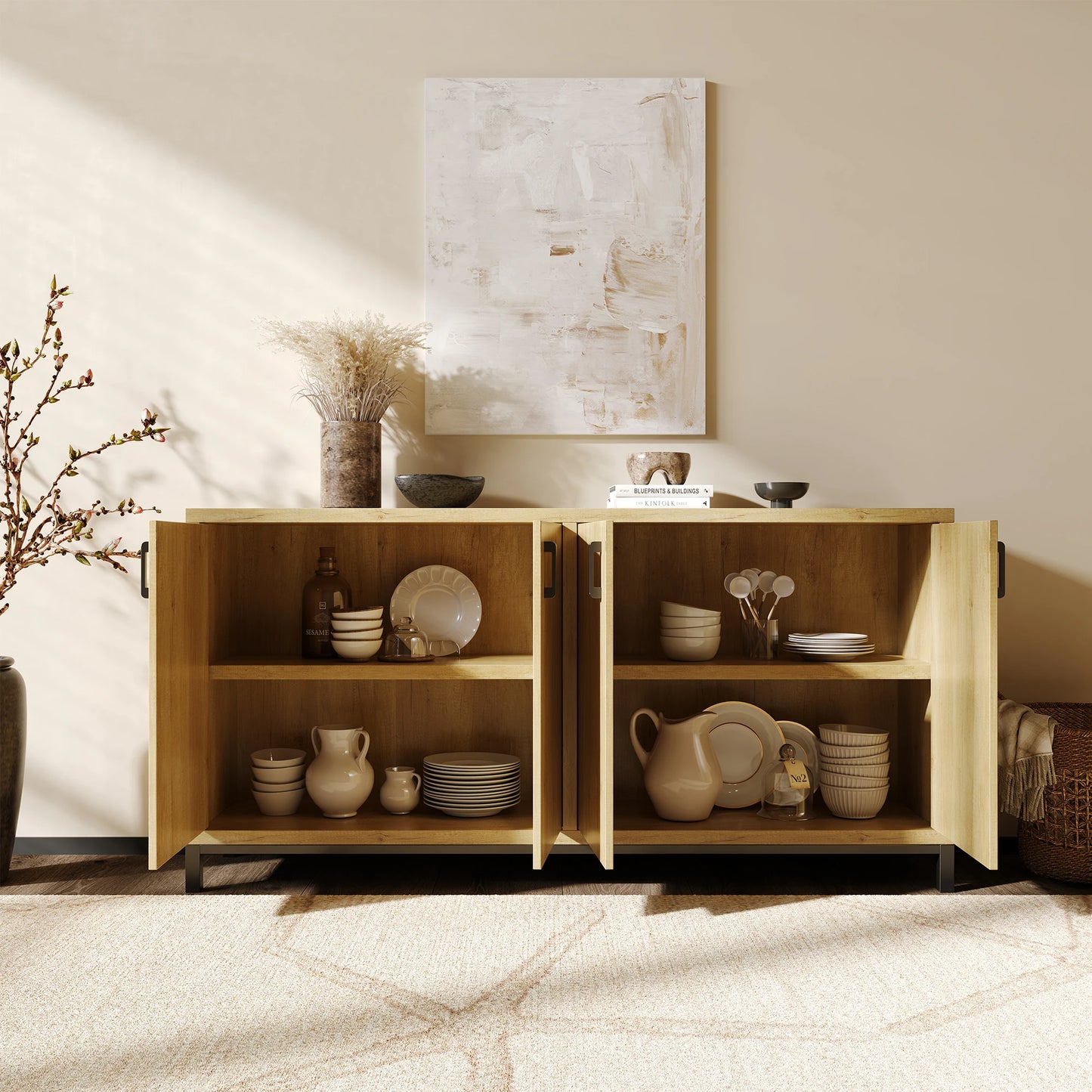Houten Dressoir - 4-deurs - Natuurlijk Hout