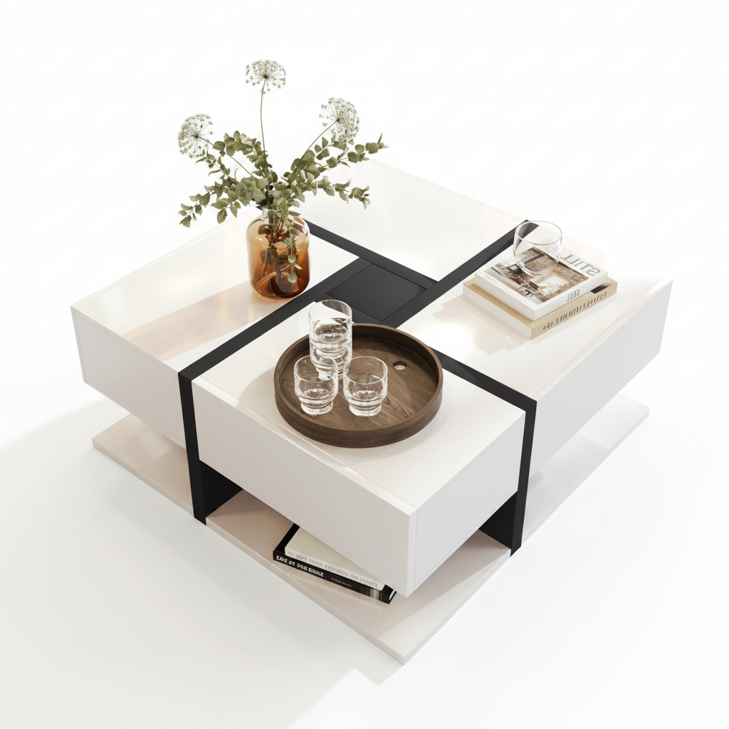 Houten Salontafel - 4 Laden - Hoogglans - Wit
