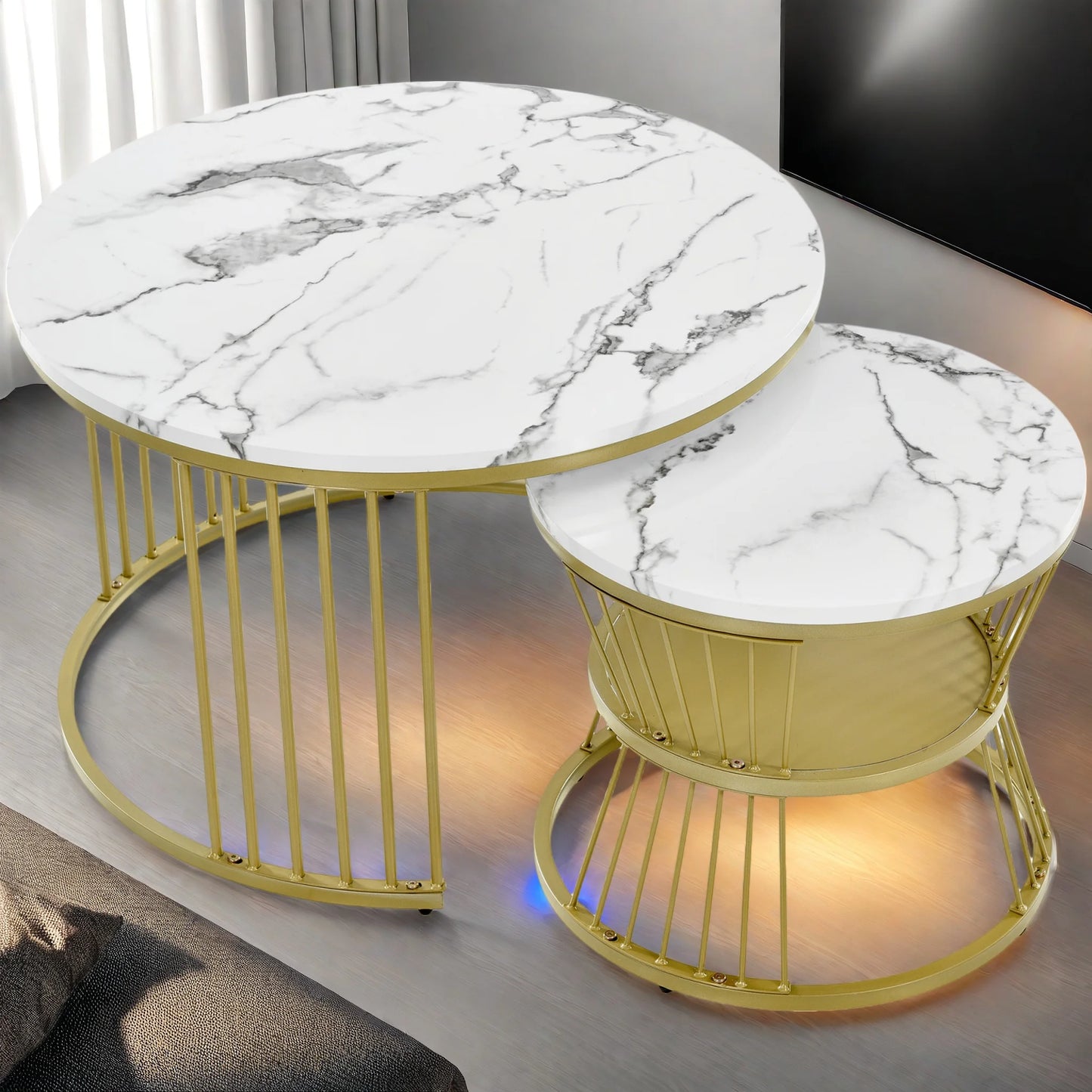 Salontafel set - Rond - Marmerlook - Wit/Goud