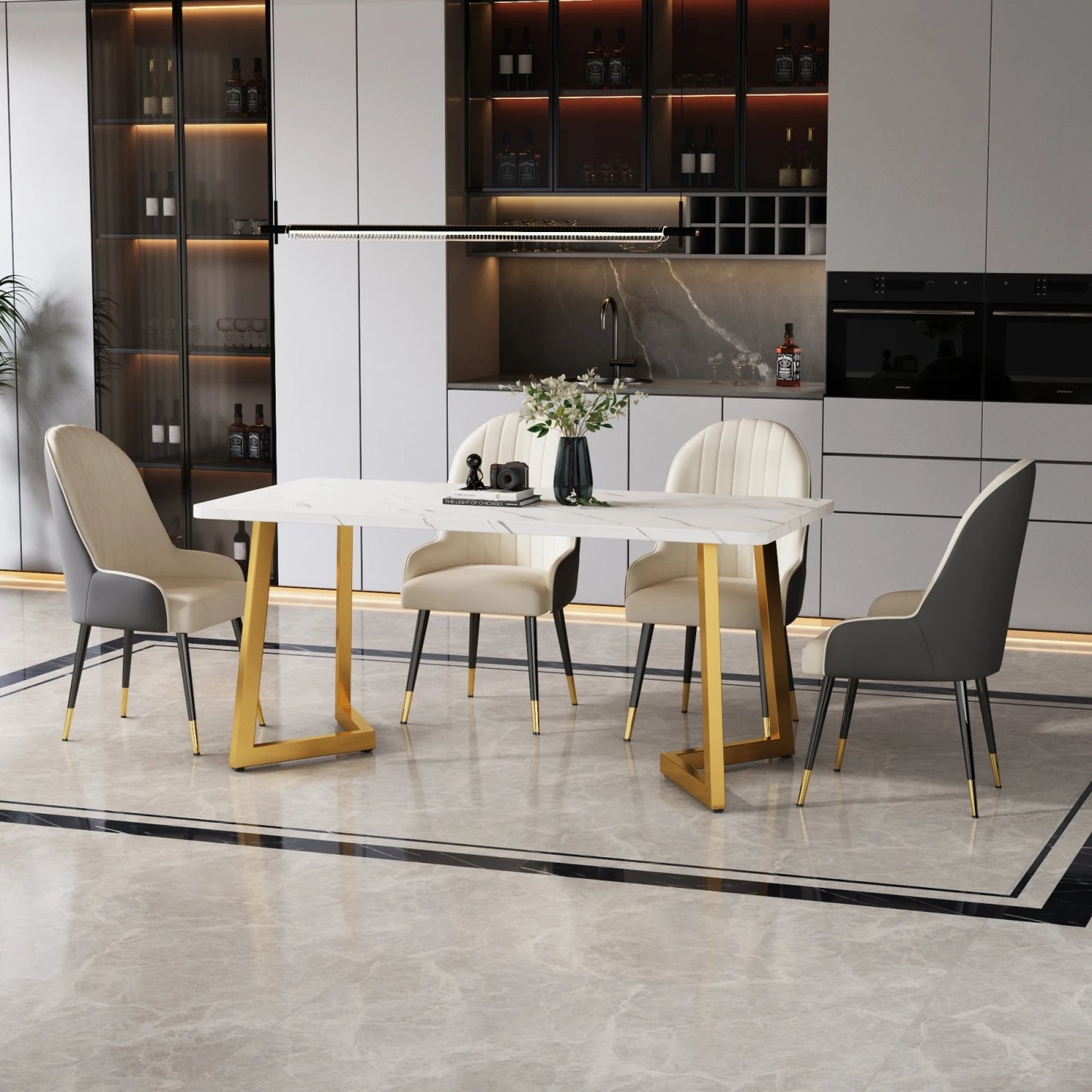 Eettafel - Marmerlook - 117x68cm - Wit/Goud