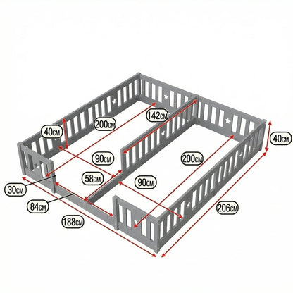 Houten Vloerbed met Speelhekken - 2 Pakketten - 53x10x60cm, Grijs/Wit