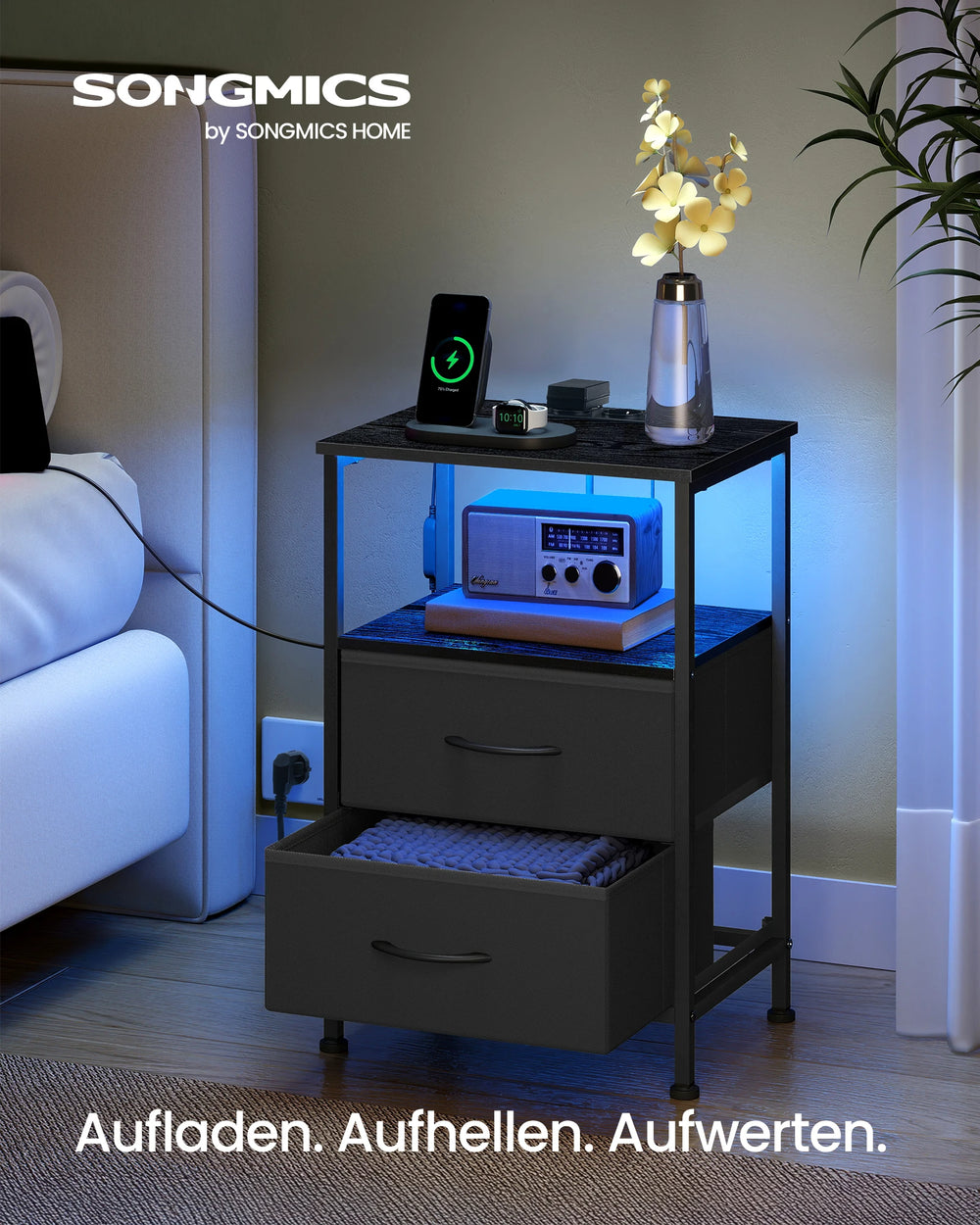 SONGMICS bedside table with LED lighting and charging station, 2 drawer bedside table with open compartment