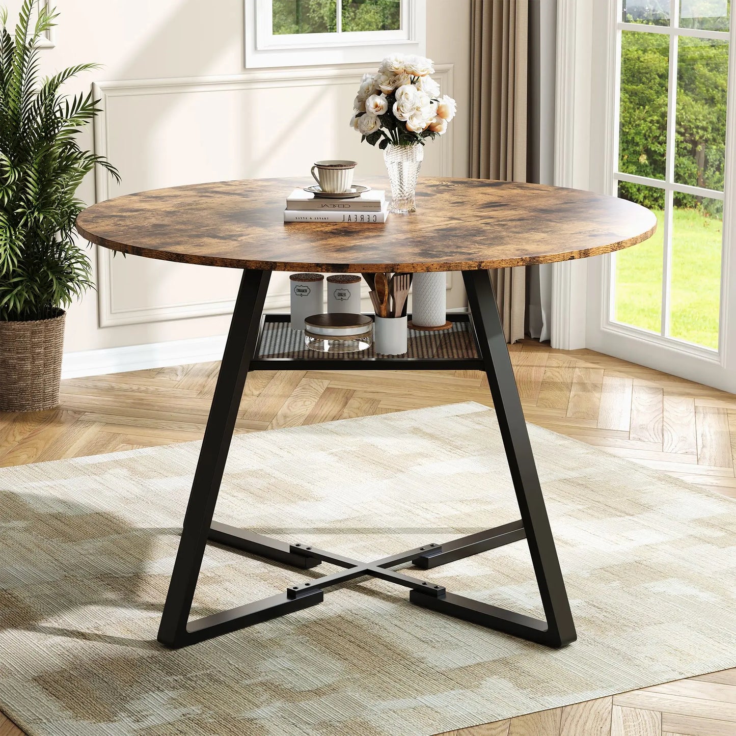 Ronde Eettafel - Houtlook Tafelblad - Zwart Metalen Frame