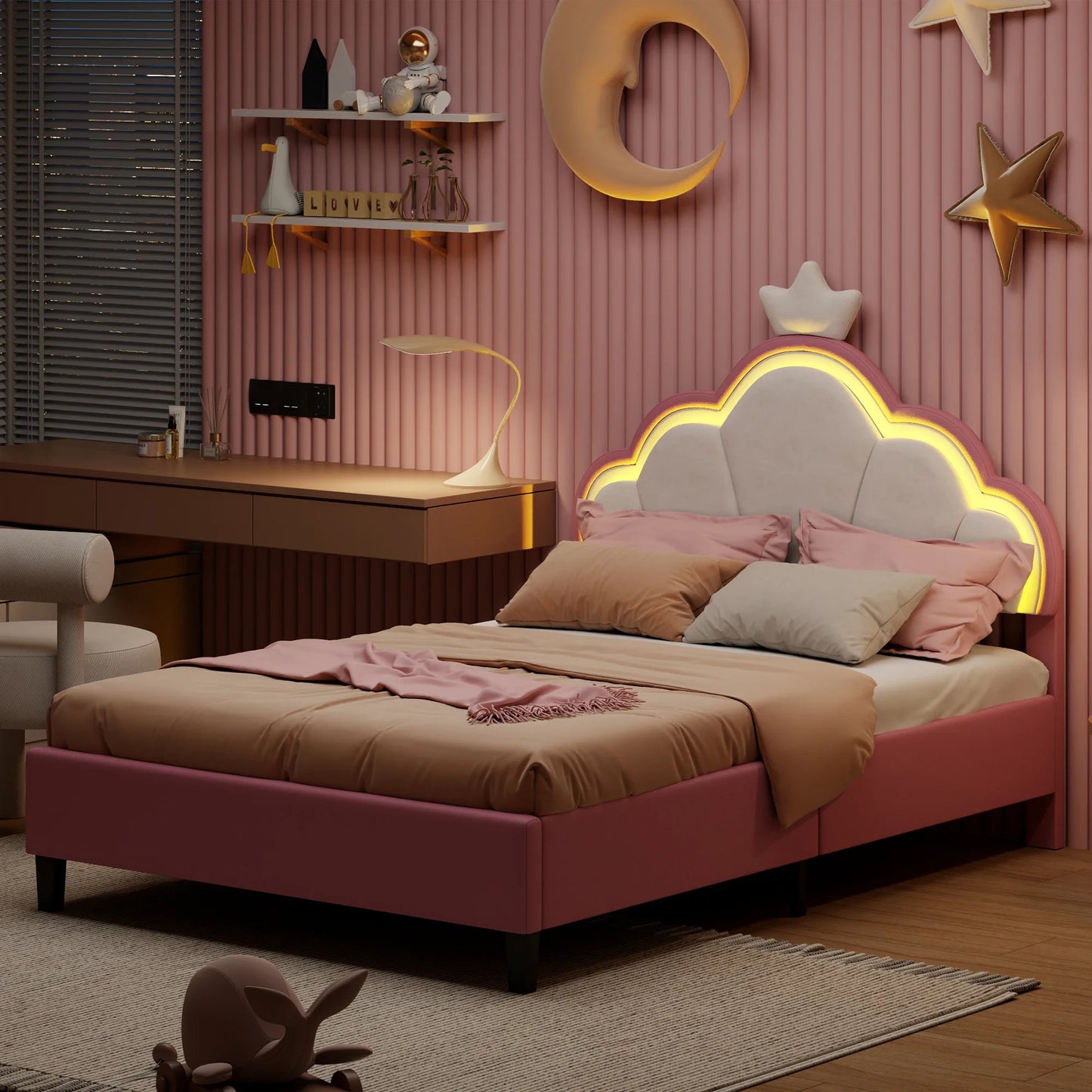 Led-verlichte Kussensbed - 203,5x90,5x132,5 cm, 203,5x140,5x132,5 cm - Flanelstof