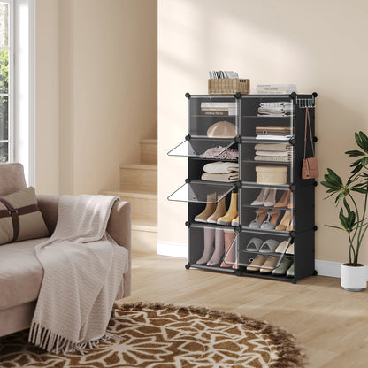 WOLTU Foldable Modular DIY Shoe Cabinet Transparent PP Stackable Shoe Cube Storage Organizer with Door Hook for Hallway Living Room