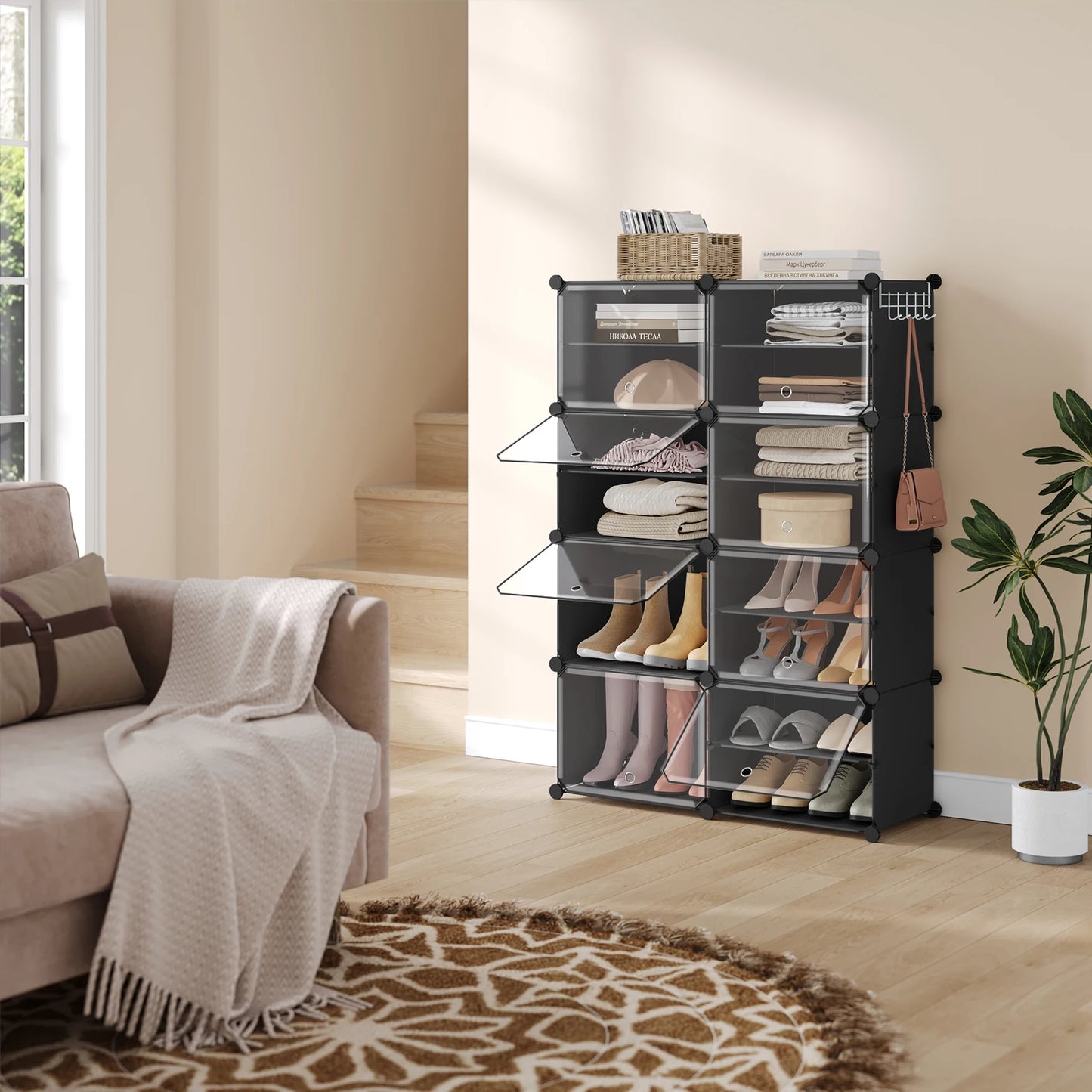WOLTU Foldable Modular DIY Shoe Cabinet Transparent PP Stackable Shoe Cube Storage Organizer with Door Hook for Hallway Living Room