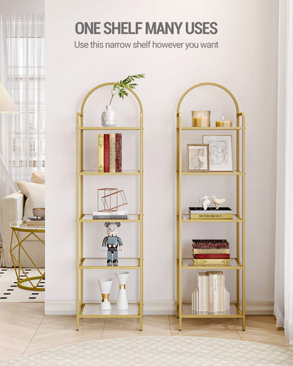 Bookcase Bookshelf, Tempered Glass Bookshelves, Slim Shelving Unit for Bedroom, Bathroom, Home Office, Steel Frame Gold