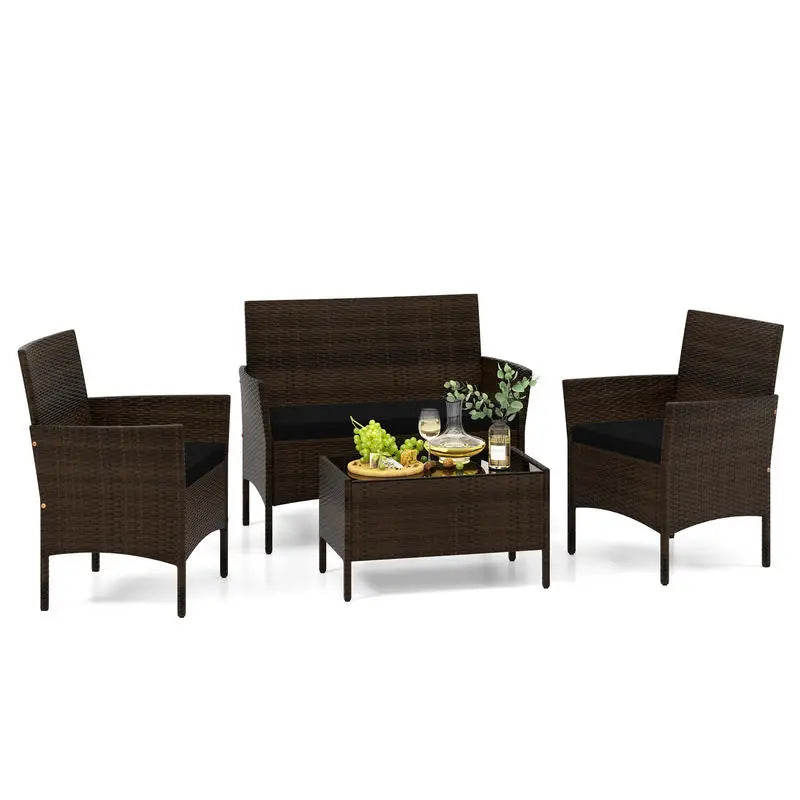 Rattan Tuinmeubelset - Gehard Glazen Tafel - Verstelbare Voetpads - Bruin