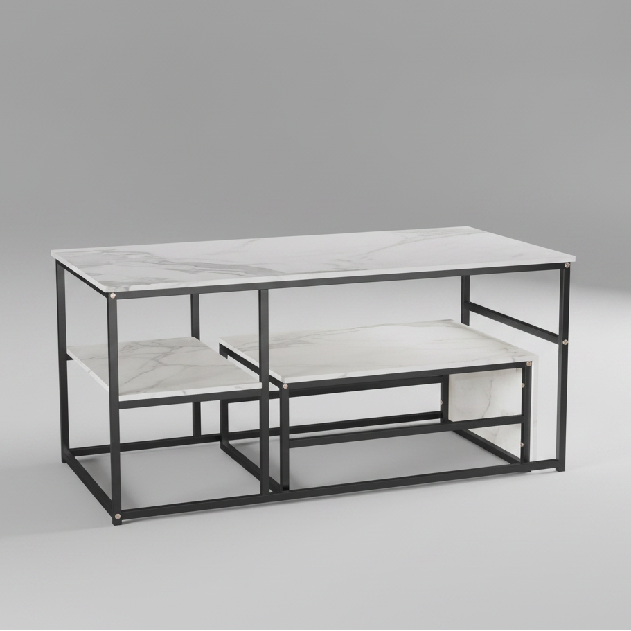 Salontafel - 2-delig - Wit Tafelblad - Zwart - Metalen Frame