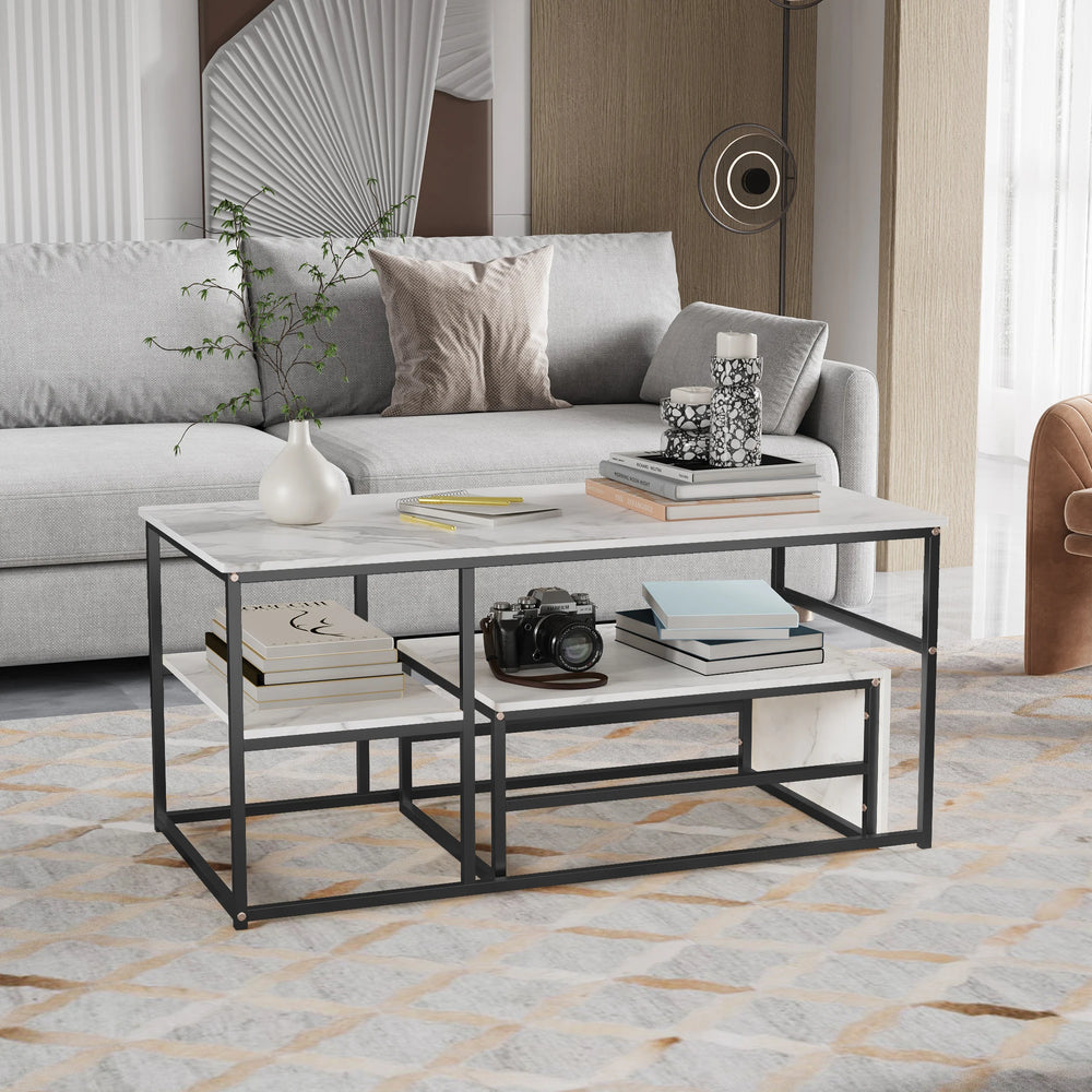 Salontafel - 2-delig - Wit Tafelblad - Zwart - Metalen Frame