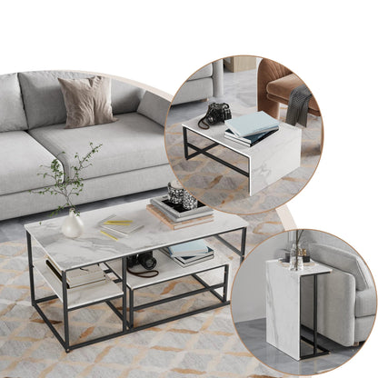Salontafel - 2-delig - Wit Tafelblad - Zwart - Metalen Frame