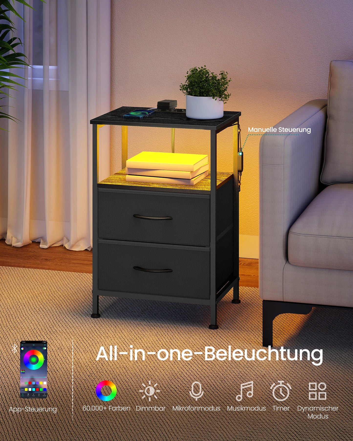 SONGMICS bedside table with LED lighting and charging station, 2 drawer bedside table with open compartment