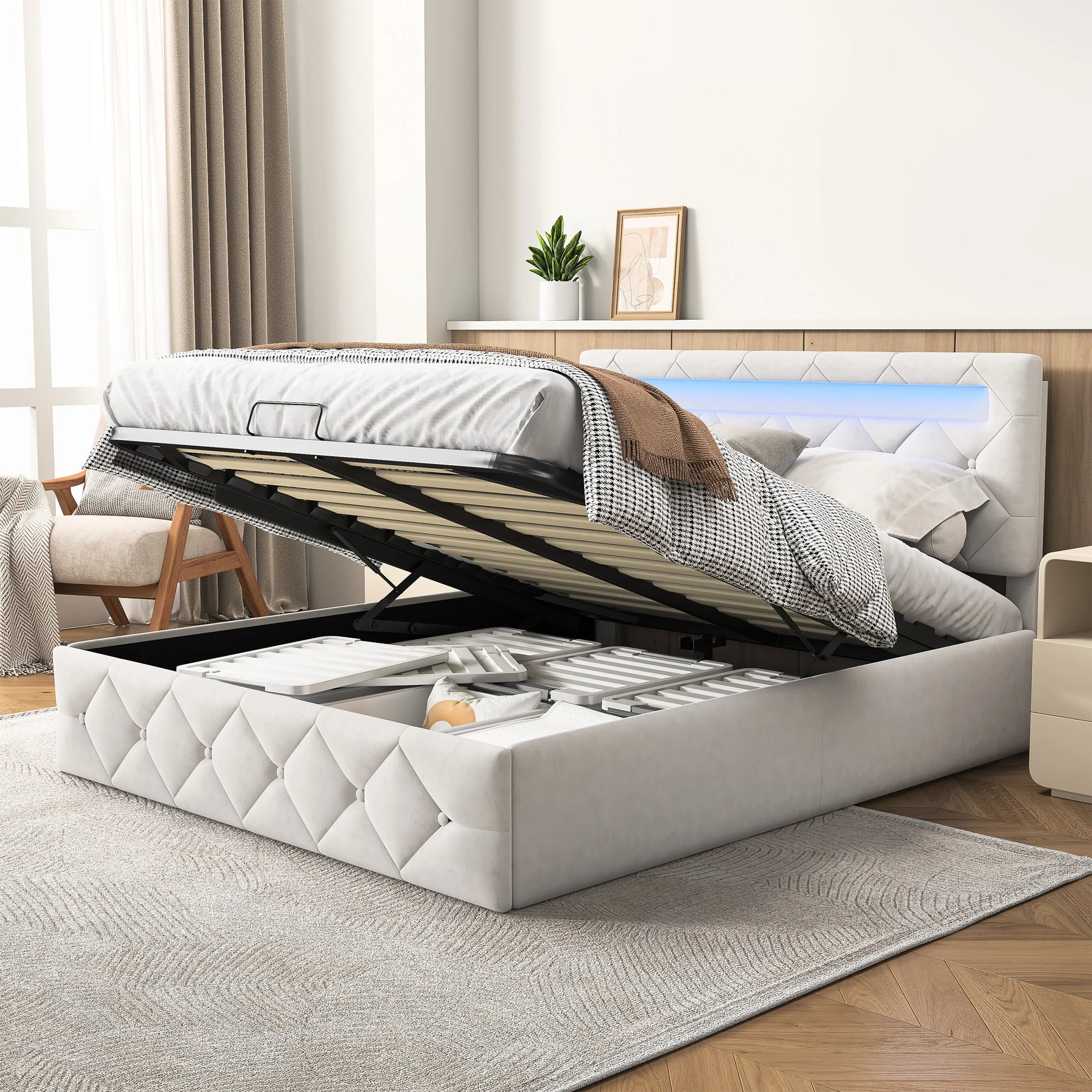 Gestoffeerd Bedframe met LED-verlichting & Opbergruimte - Hydraulisch, 140 × 200 cm of 160 × 200 cm