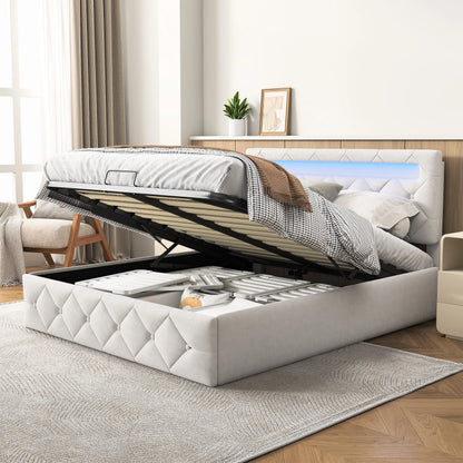 Gestoffeerd Bedframe met LED-verlichting & Hydraulische Opbergruimte - 140 × 200 cm