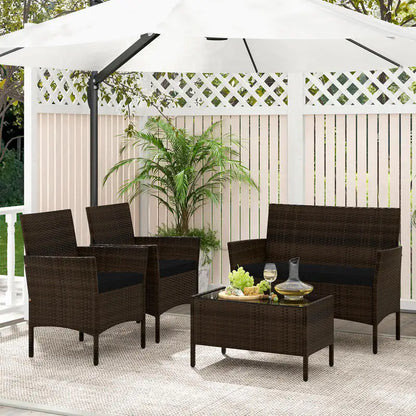 Rattan Tuinmeubelset - Gehard Glazen Tafel - Verstelbare Voetpads - Bruin
