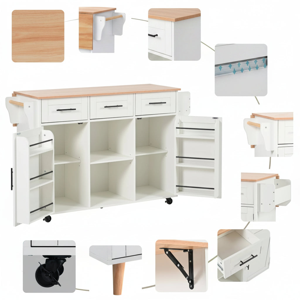 Houten Sideboard - Wit + Houten Werkblad - Opvouwbare Uitbreiding