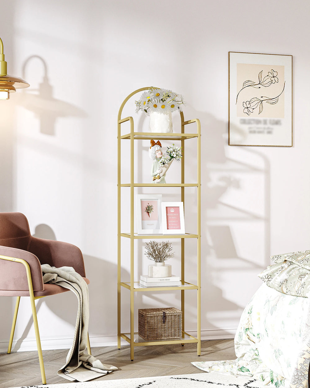 Bookcase Bookshelf, Tempered Glass Bookshelves, Slim Shelving Unit for Bedroom, Bathroom, Home Office, Steel Frame Gold