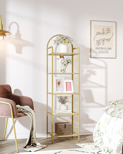 Bookcase Bookshelf, Tempered Glass Bookshelves, Slim Shelving Unit for Bedroom, Bathroom, Home Office, Steel Frame Gold