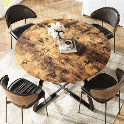 Ronde Eettafel - Houtlook Tafelblad - Zwart Metalen Frame