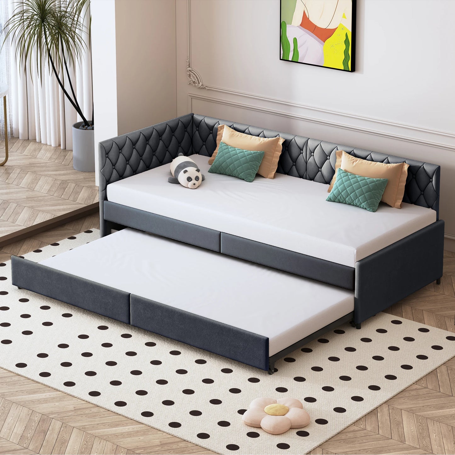 Velours Slaapbank - Uitschuifbaar, Inclusief 12 cm Matras - Grijs/Wit, 200 × 96 cm