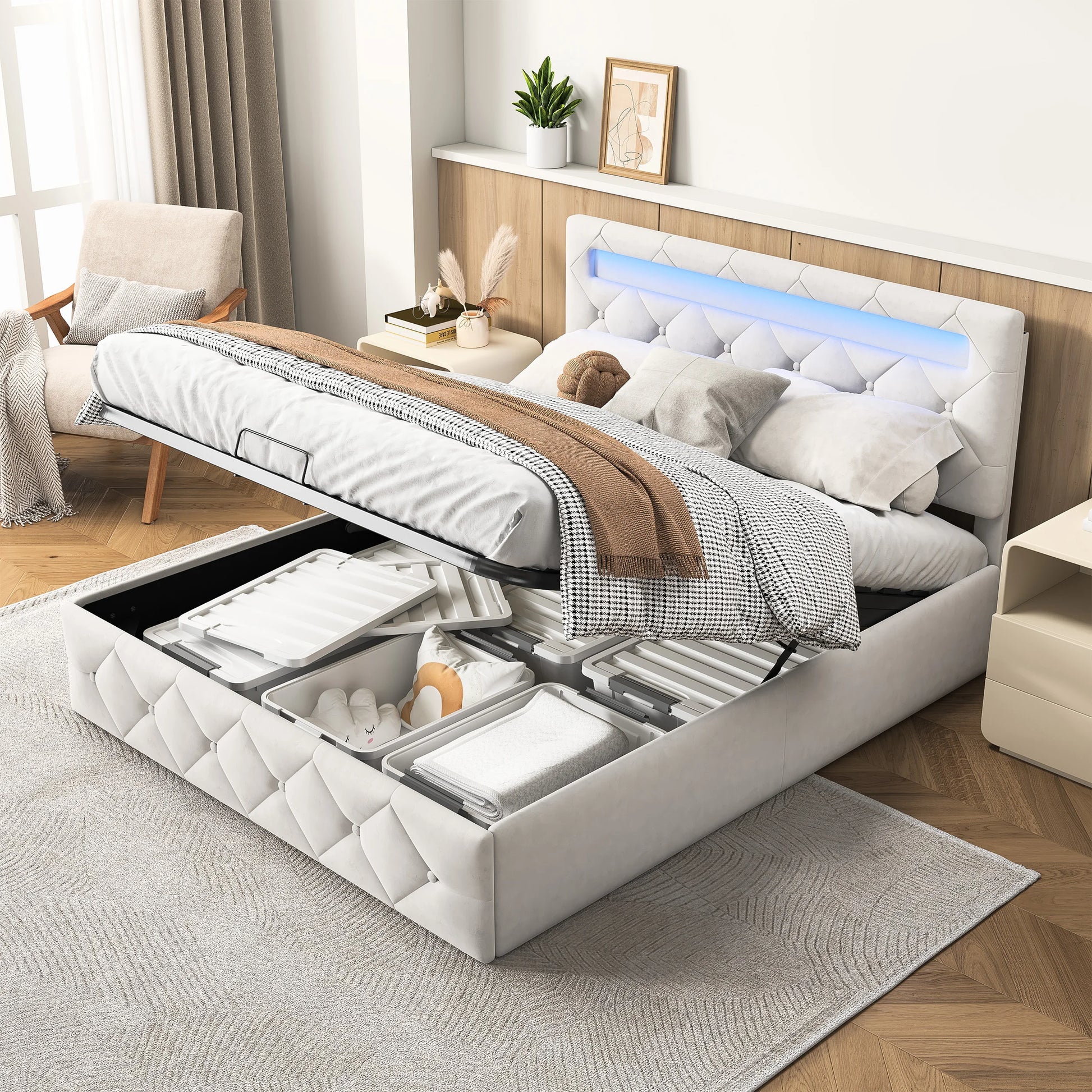 Gestoffeerd Bedframe met LED-verlichting & Opbergruimte - Hydraulisch, 140 × 200 cm of 160 × 200 cm