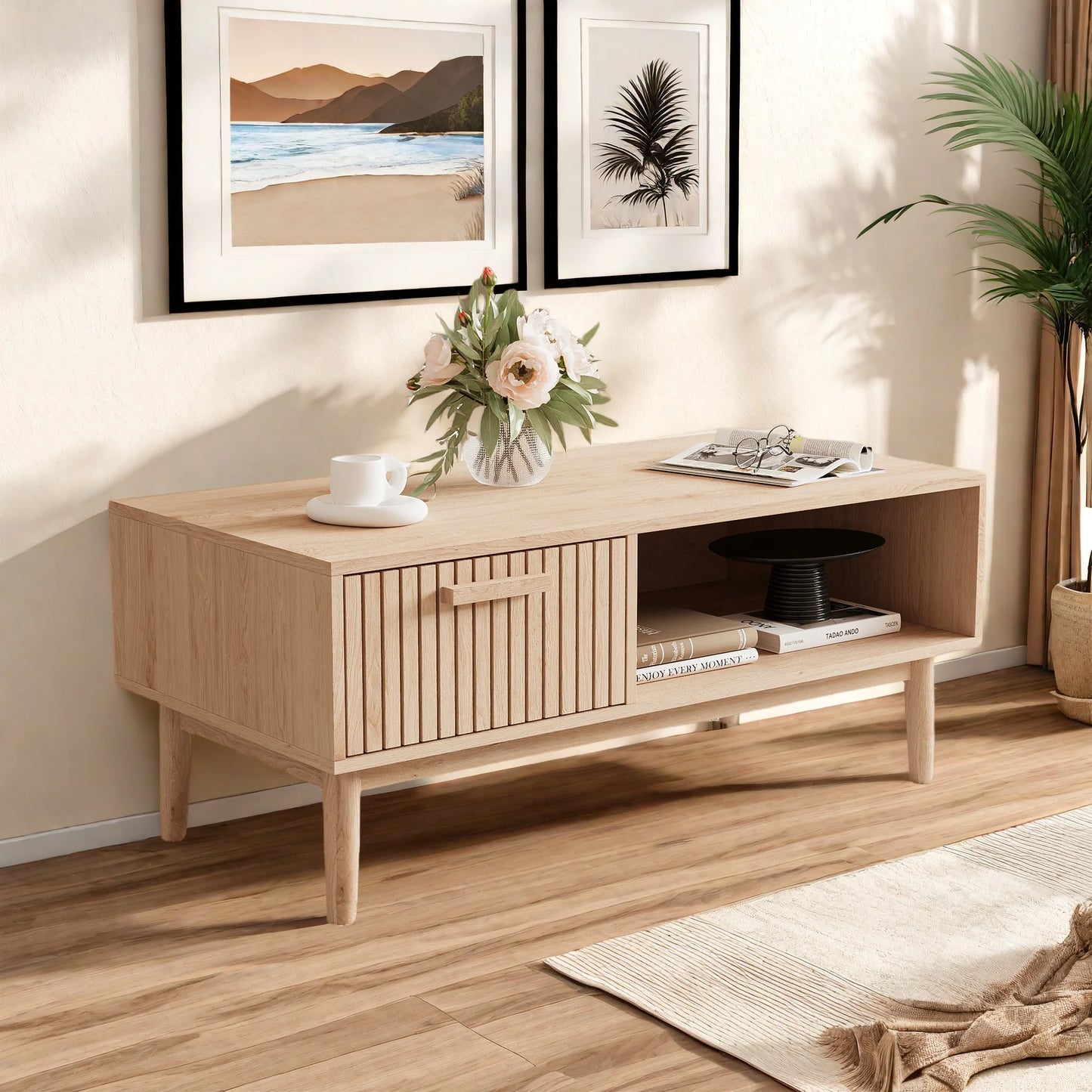 Houten Salontafel - 100 x 50 x 45 cm - Natuurlijke Houtafwerking, Opberglade & Modern Design