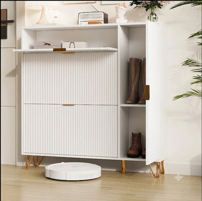 Houten Schoenenkast - 3 Vakken - Wit met Gouden Accenten, Modern Design