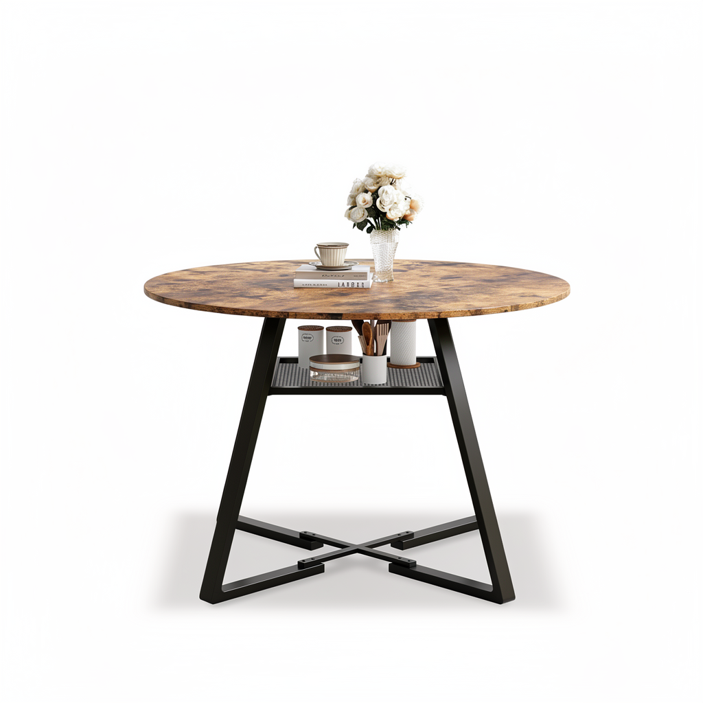 Ronde Eettafel - Houtlook Tafelblad - Zwart Metalen Frame