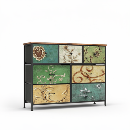 7- Delige Kast - Vintage Patroon Houten Uitstraling- Zwart Frame - Slaapkamer - Woonkamer