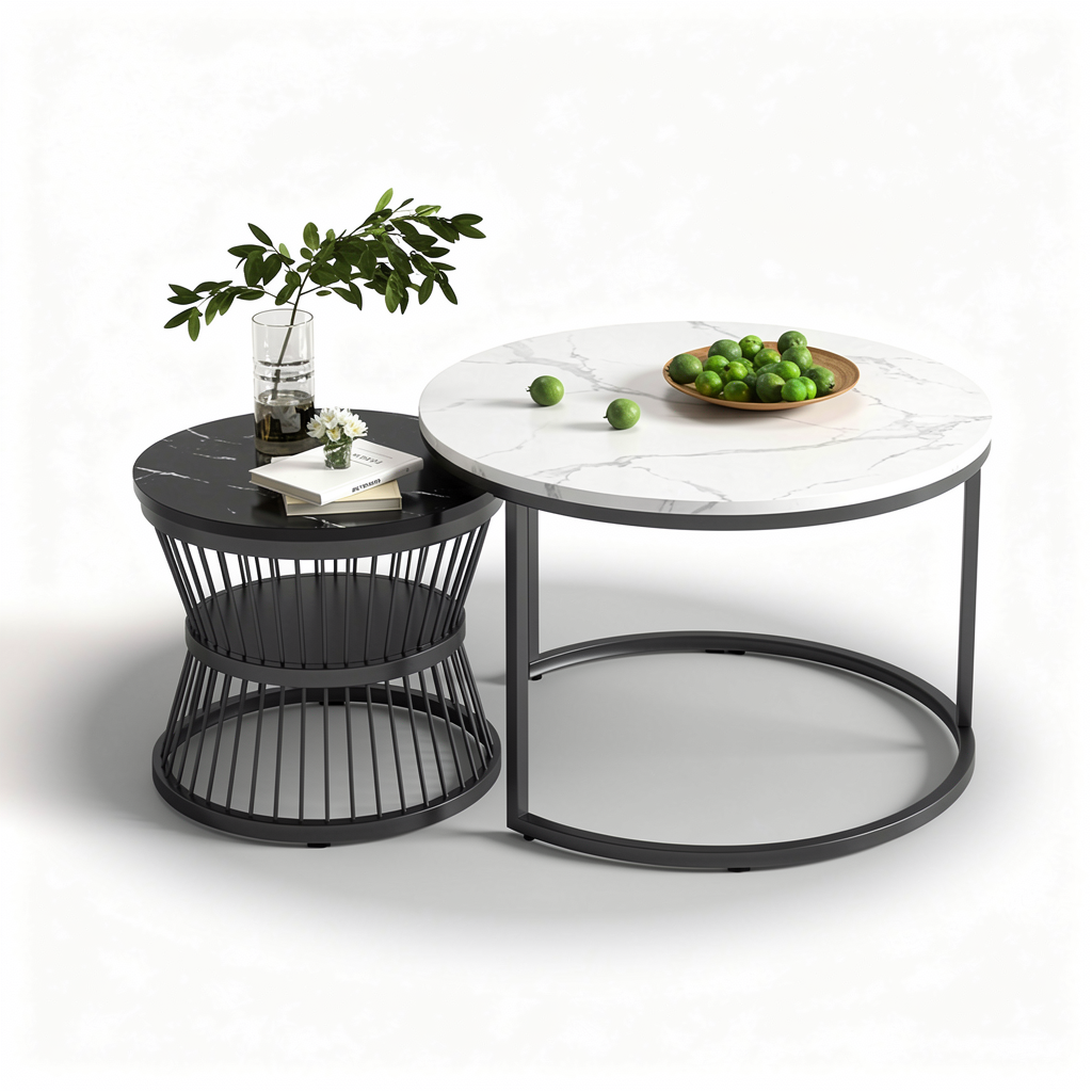 Salontafel - Wit Tafelblad - Zwarte Metalen Frame - Marmeren Patroon