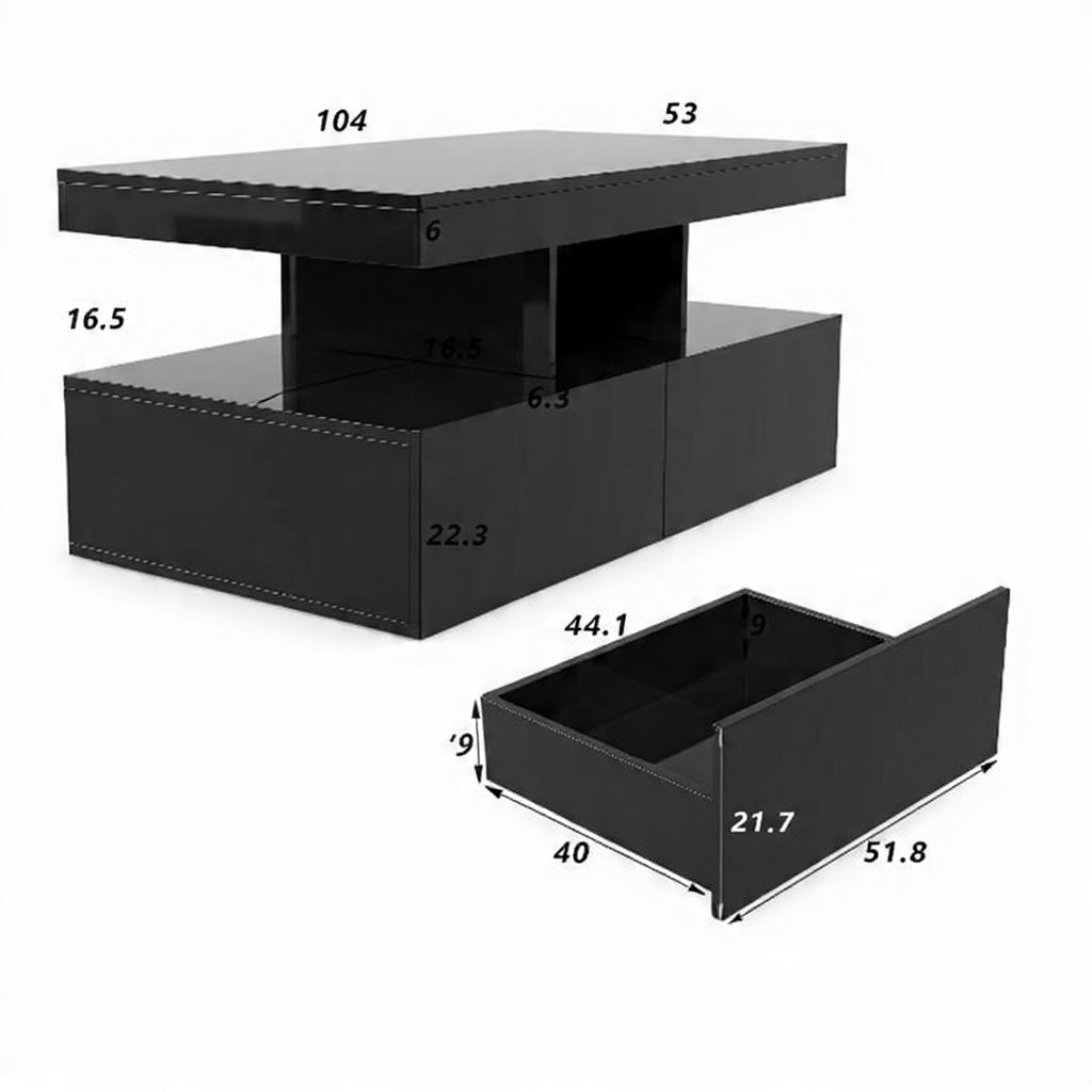 Houten Salontafel - Verstelbare LED-verlichting, 2 Laden, 104 × 53 × 46 cm