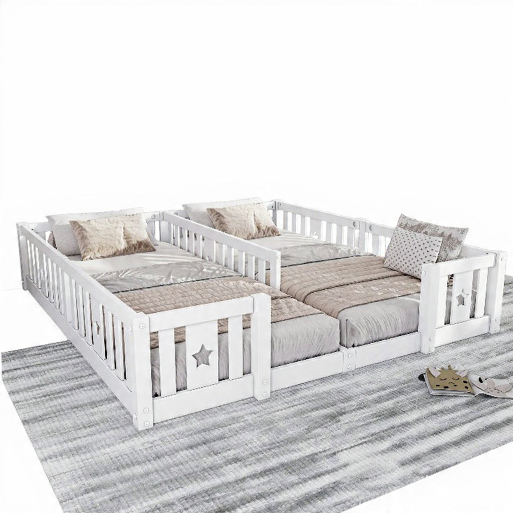 Houten Kinder Vloerbed - Veiligheidshekje, Grijs/Wit, Inclusief Lattenbodem