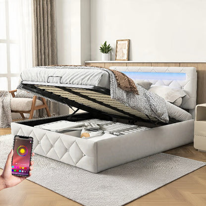 Gestoffeerd Bedframe met LED-verlichting & Opbergruimte - Hydraulisch, 140 × 200 cm of 160 × 200 cm