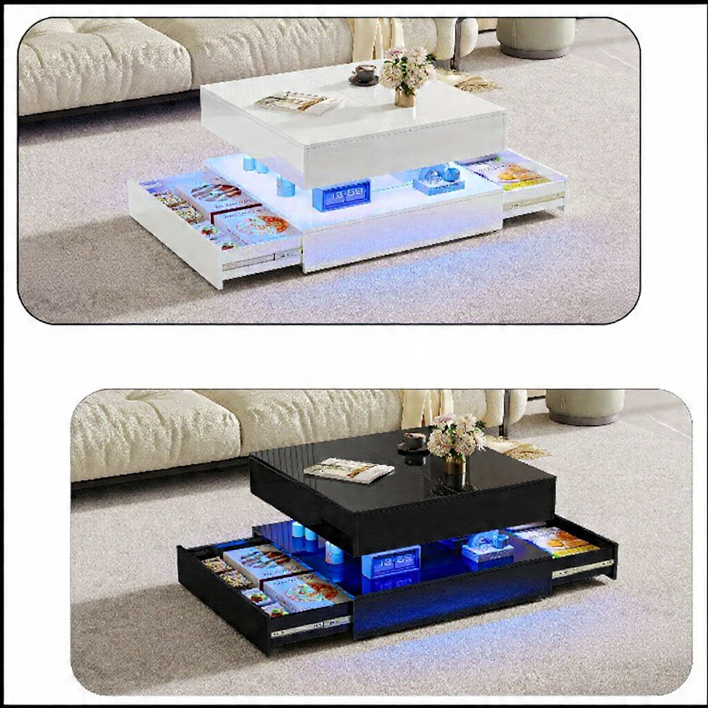 Hoogglans Salontafel - RGB LED-verlichting, Opbergladen, 60 × 60 cm, Wit/Zwart